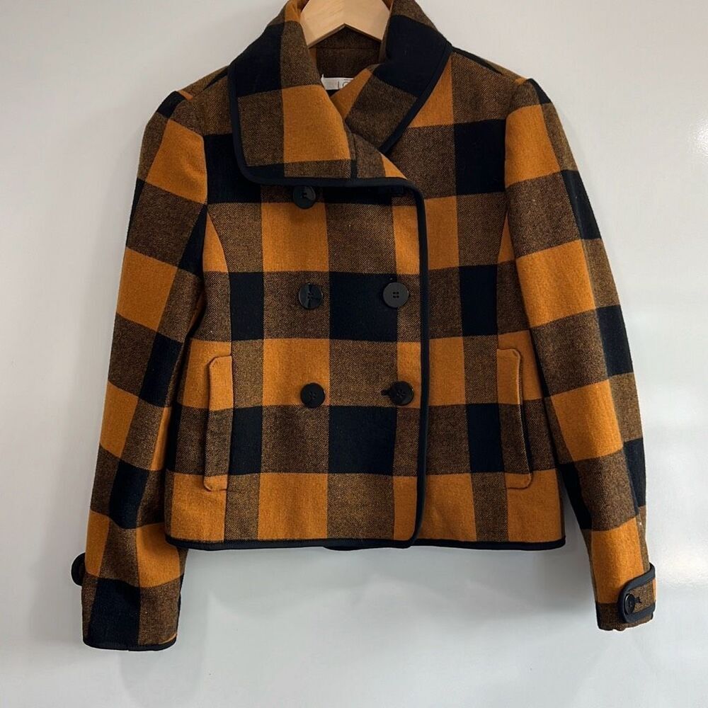 LOFT Wool Cropped Pea Coat Buffalo Check Small‎